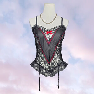 Vtg 70s 80s Nan Flower Black Red Lace Sheer Ruffle Sexy Merry Widow Lingerie L